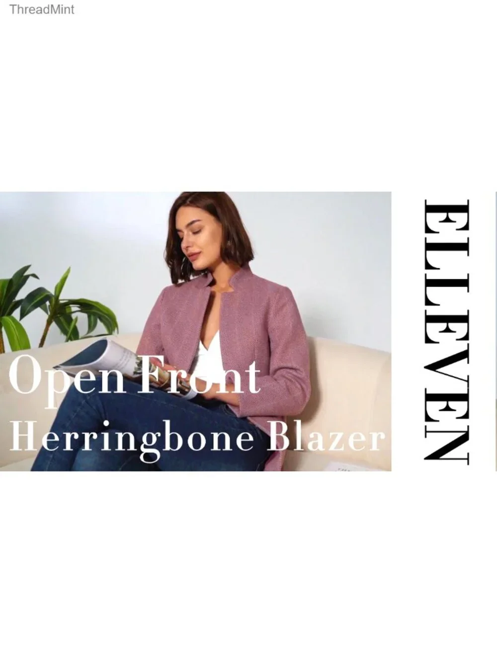 Women's Open Front Herringbone Blazer Long Sleeve Full Lining Padded Shoulders